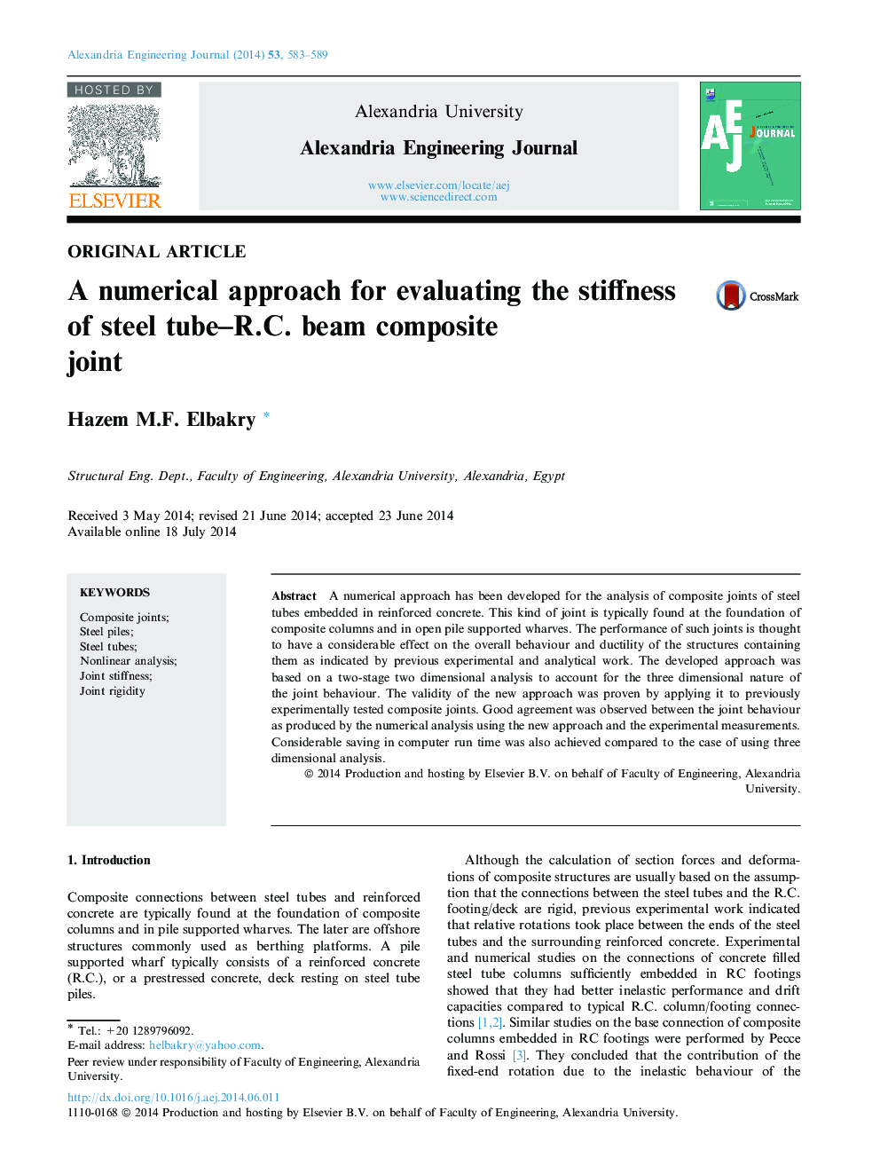 A numerical approach for evaluating the stiffness of steel tube–R.C. beam composite joint 