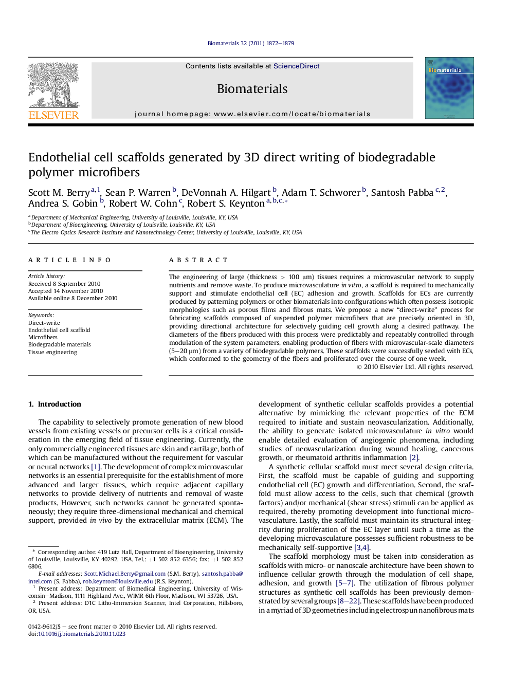 Endothelial cell scaffolds generated by 3D direct writing of biodegradable polymer microfibers