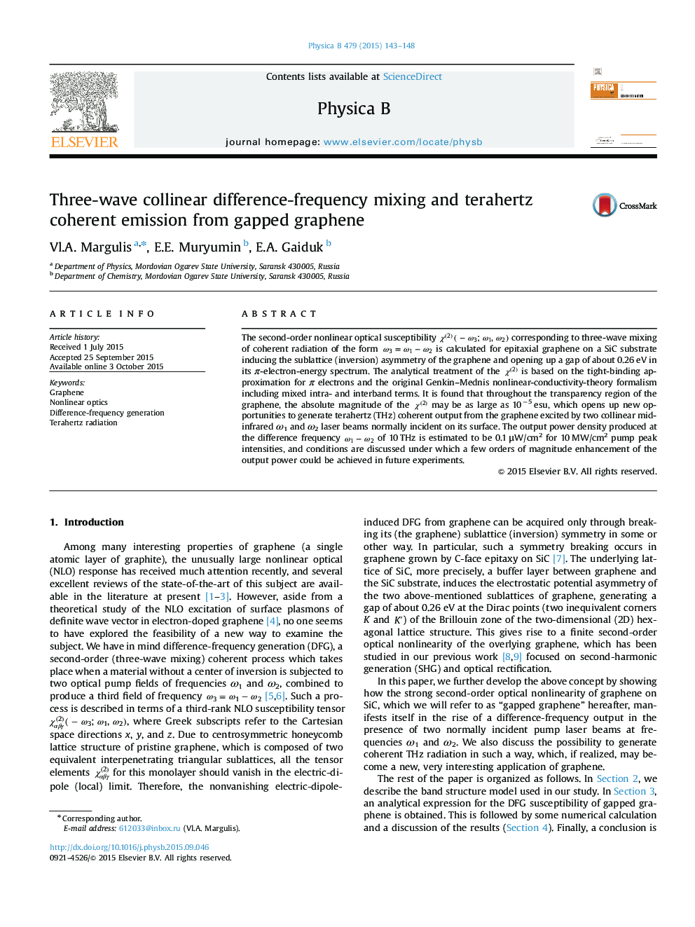 Three-wave collinear difference-frequency mixing and terahertz coherent emission from gapped graphene