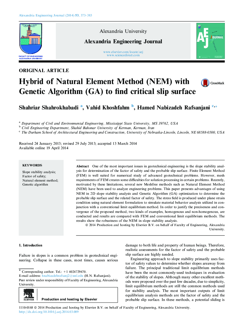 Hybrid of Natural Element Method (NEM) with Genetic Algorithm (GA) to find critical slip surface
