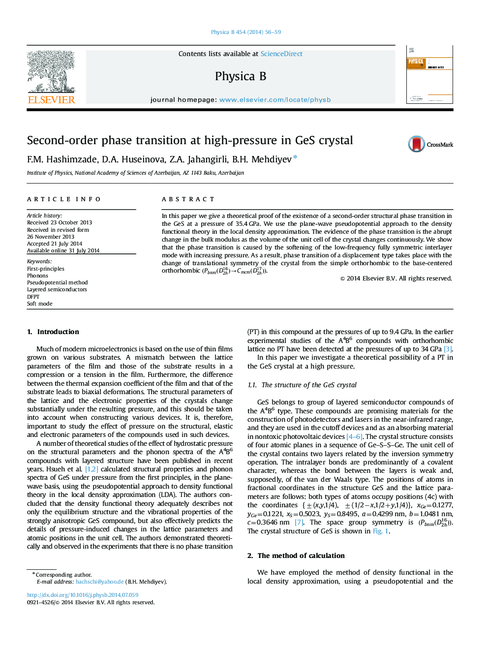 Second-order phase transition at high-pressure in GeS crystal