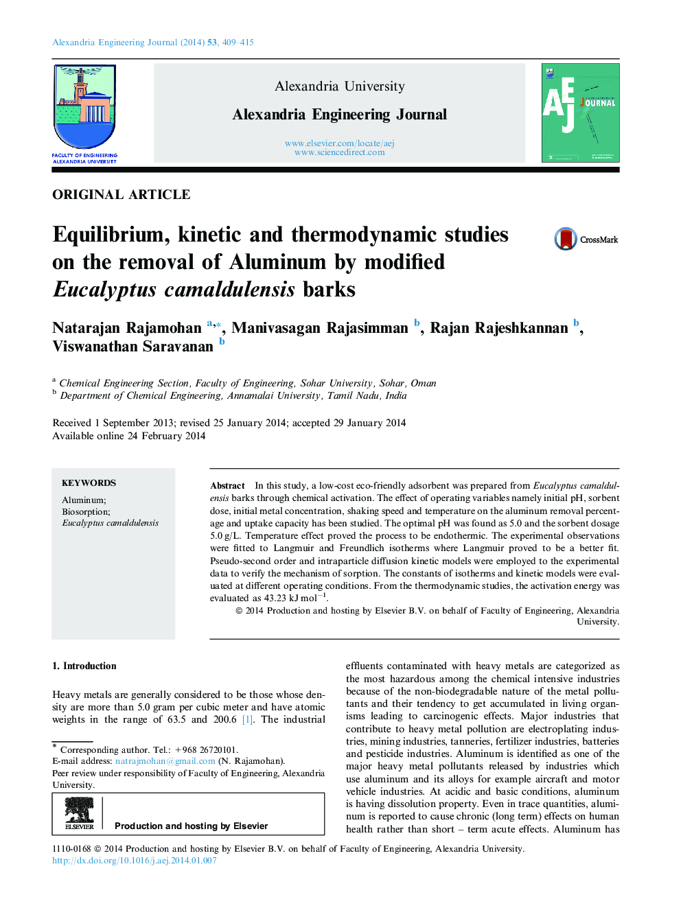 Equilibrium, kinetic and thermodynamic studies on the removal of Aluminum by modified Eucalyptus camaldulensis barks