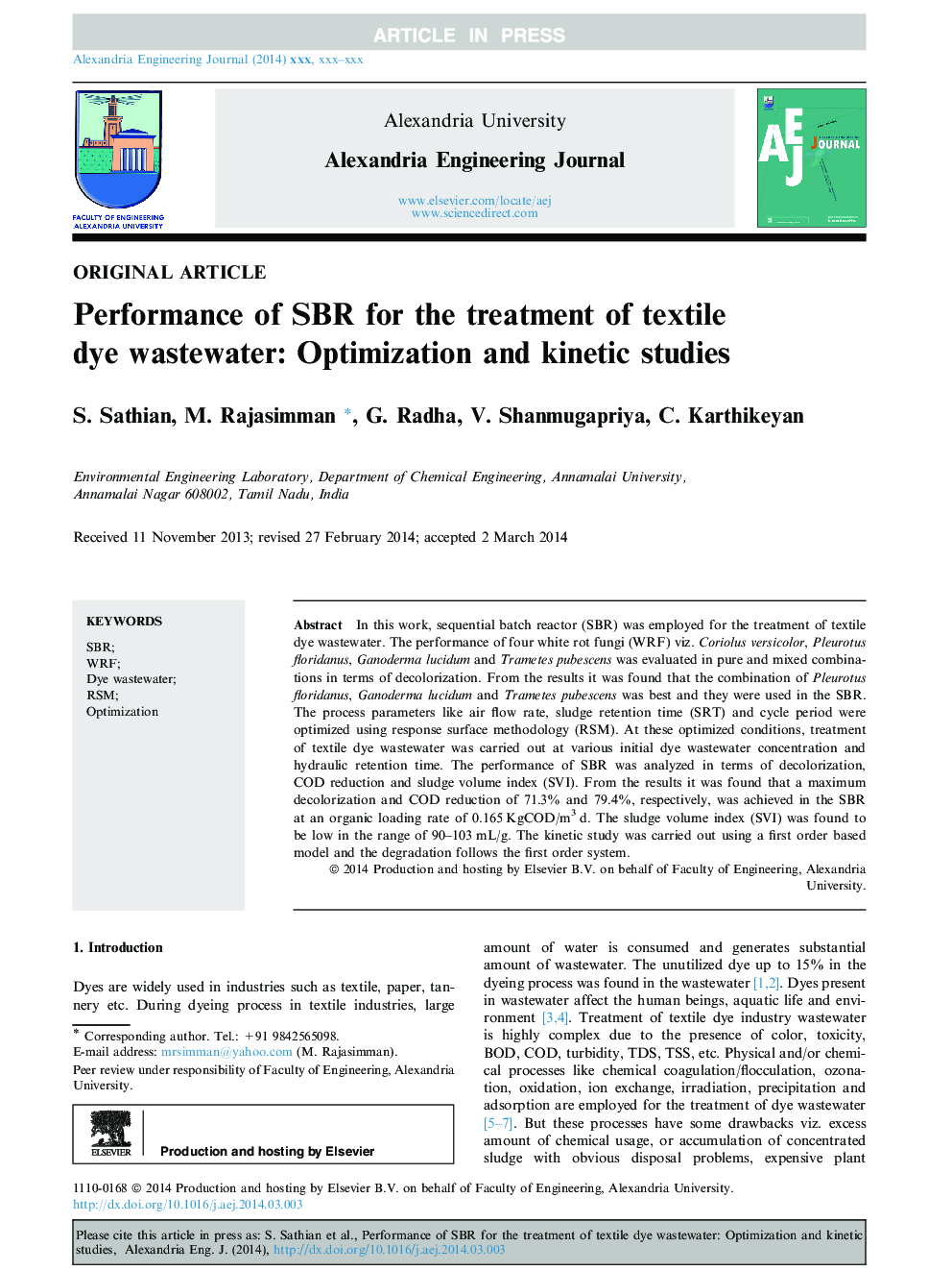 Performance of SBR for the treatment of textile dye wastewater: Optimization and kinetic studies