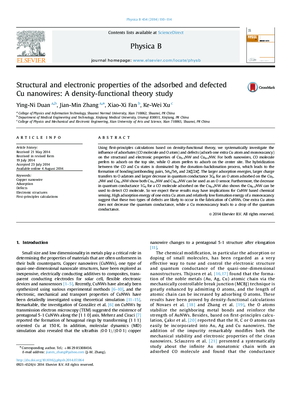 Structural and electronic properties of the adsorbed and defected Cu nanowires: A density-functional theory study