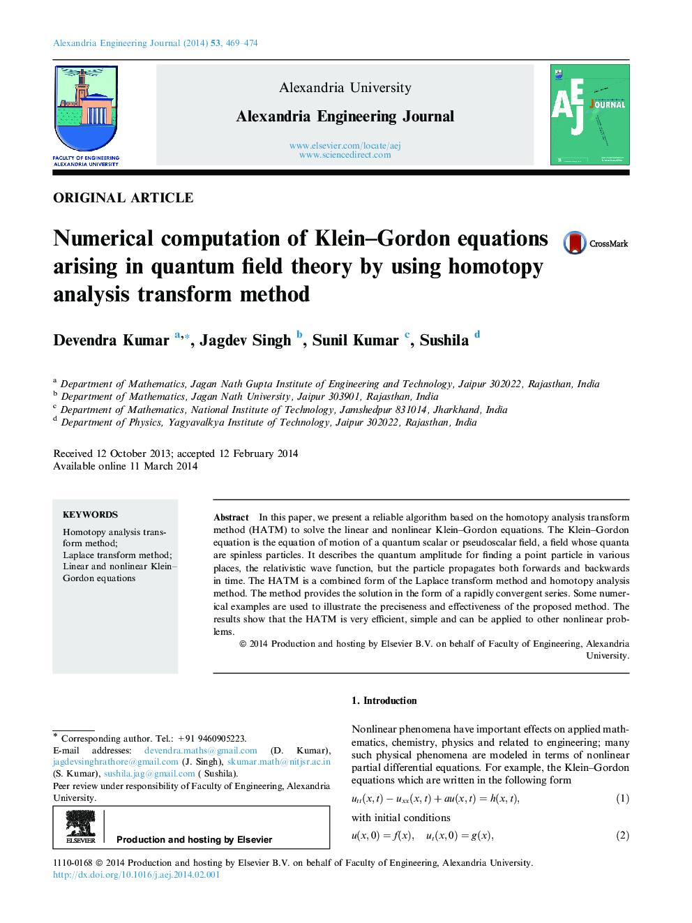 Numerical computation of Klein-Gordon equations arising in quantum field theory by using homotopy analysis transform method