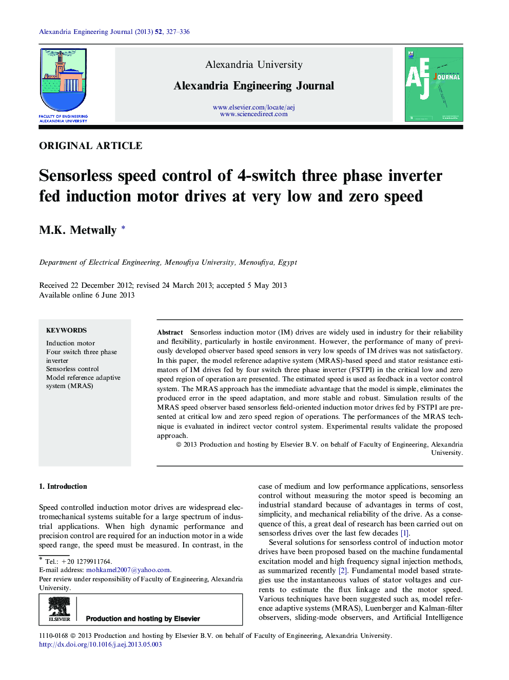 Sensorless speed control of 4-switch three phase inverter fed induction motor drives at very low and zero speed