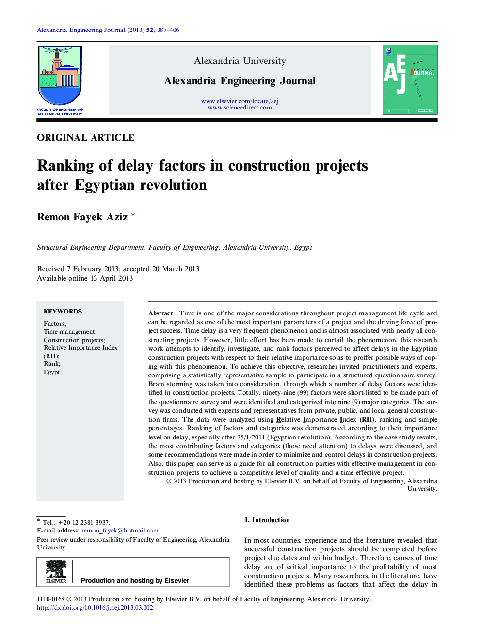 Ranking of delay factors in construction projects after Egyptian revolution 