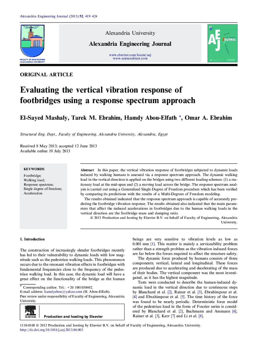 Evaluating the vertical vibration response of footbridges using a response spectrum approach 