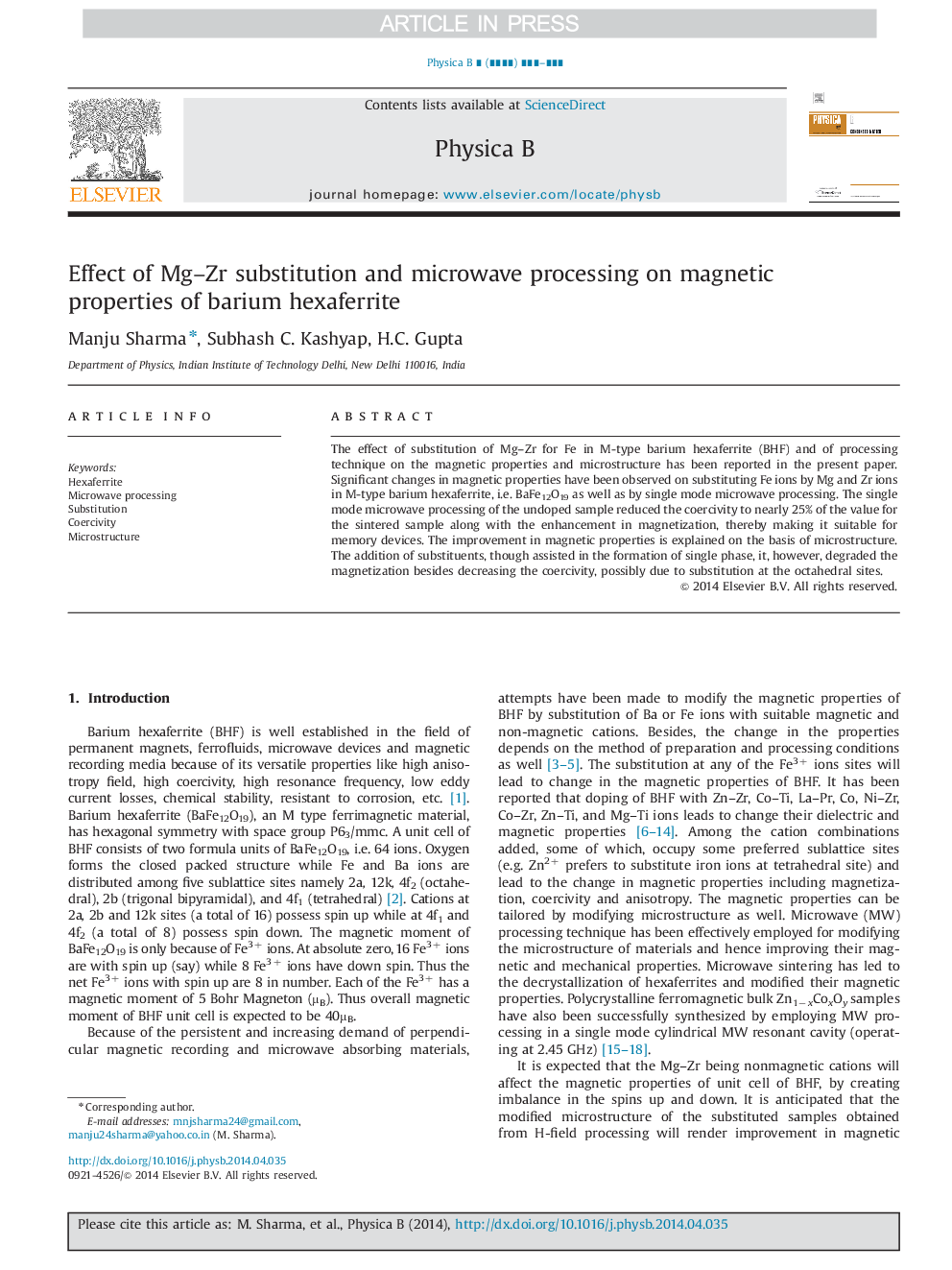 Effect of Mg-Zr substitution and microwave processing on magnetic properties of barium hexaferrite