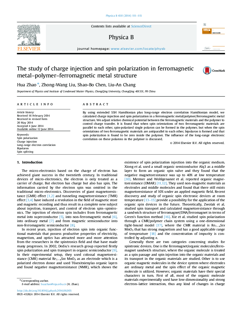 The study of charge injection and spin polarization in ferromagnetic metal-polymer-ferromagnetic metal structure