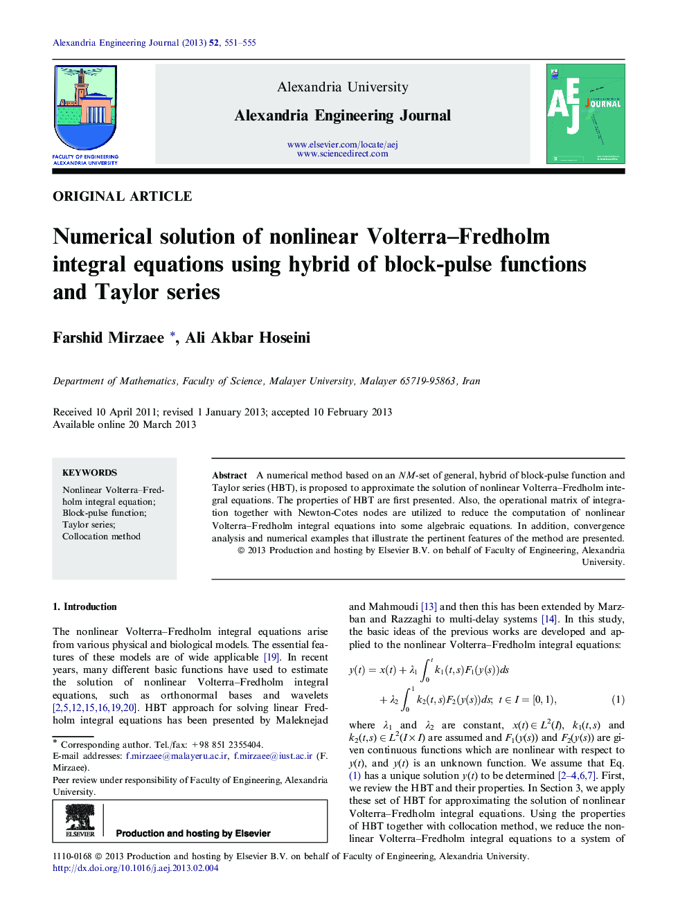 Numerical solution of nonlinear Volterra–Fredholm integral equations using hybrid of block-pulse functions and Taylor series 