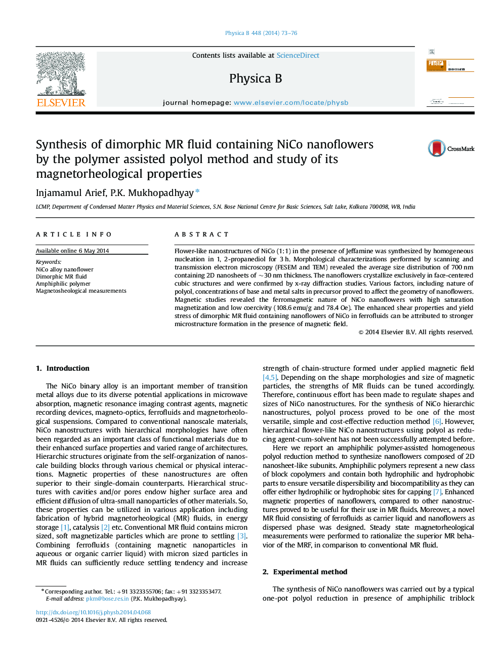 Synthesis of dimorphic MR fluid containing NiCo nanoflowers by the polymer assisted polyol method and study of its magnetorheological properties