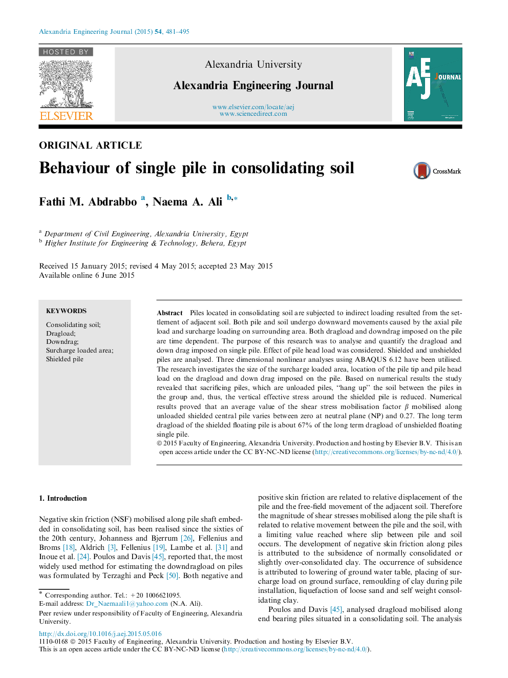 Behaviour of single pile in consolidating soil