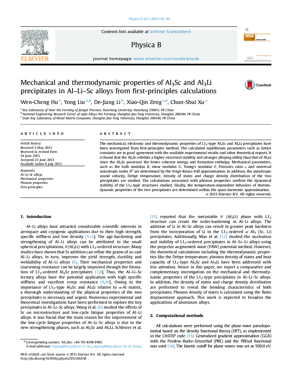 Mechanical and thermodynamic properties of Al3Sc and Al3Li precipitates in Al-Li-Sc alloys from first-principles calculations