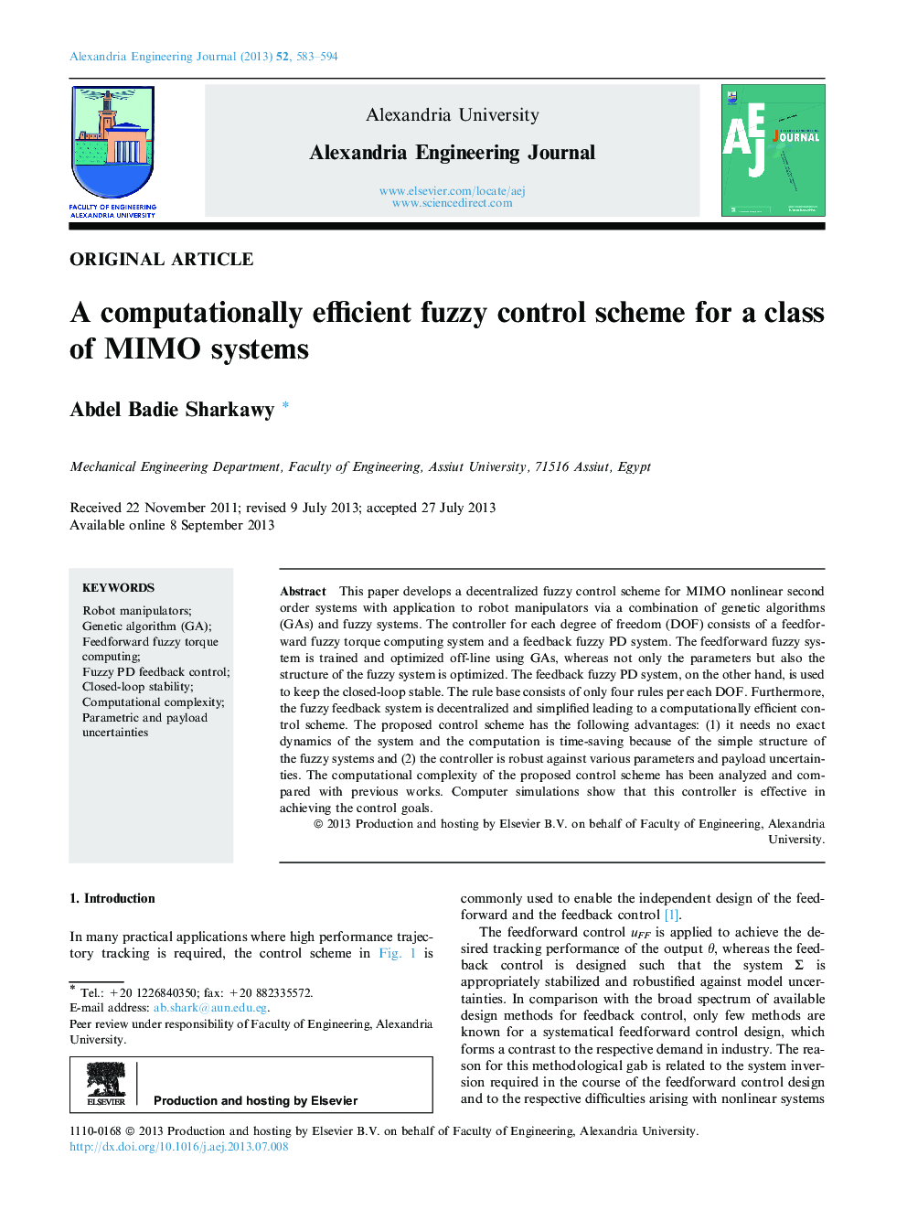 A computationally efficient fuzzy control scheme for a class of MIMO systems