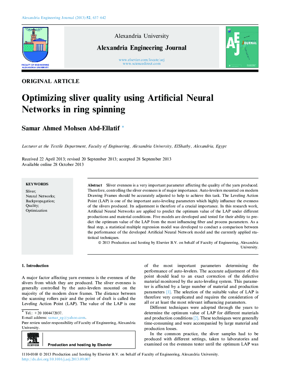 Optimizing sliver quality using Artificial Neural Networks in ring spinning