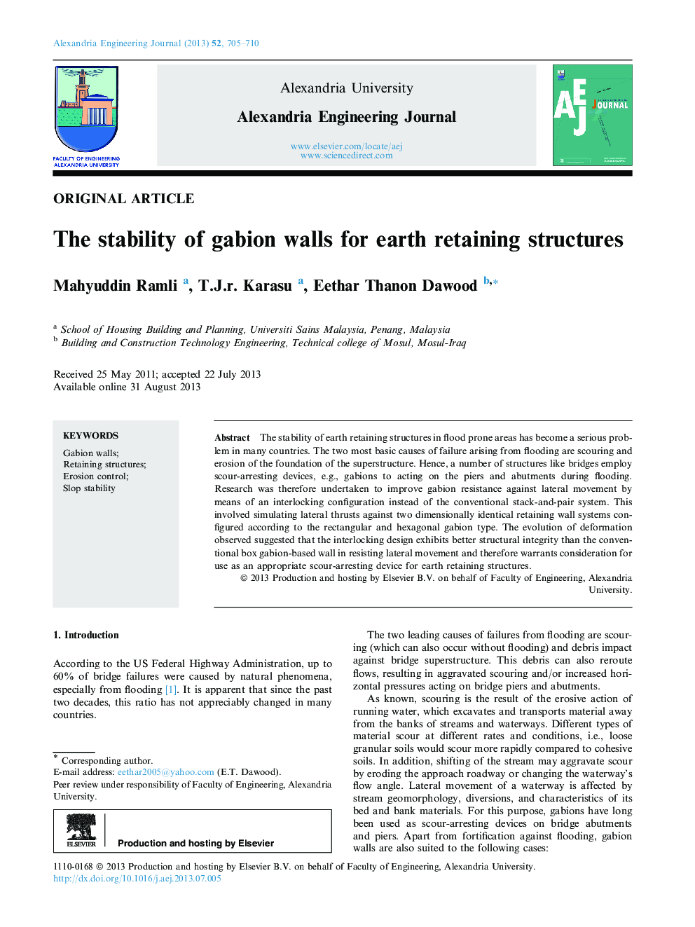 The stability of gabion walls for earth retaining structures