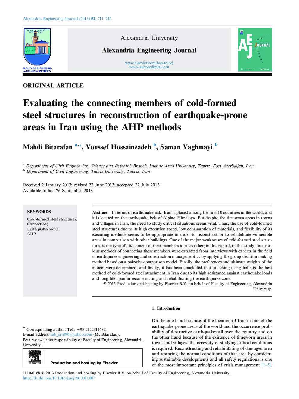 Evaluating the connecting members of cold-formed steel structures in reconstruction of earthquake-prone areas in Iran using the AHP methods