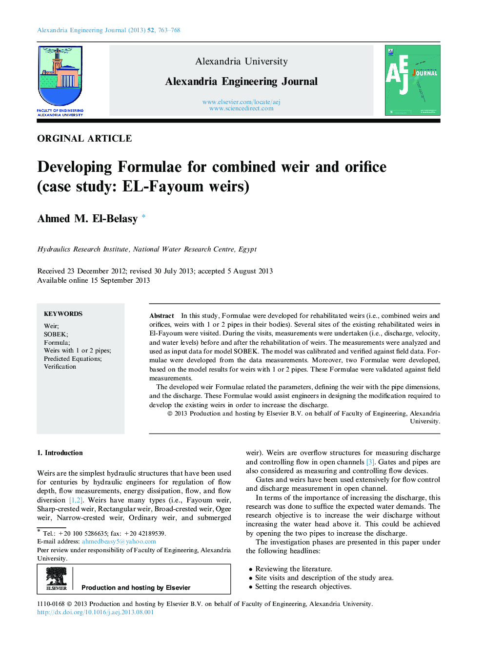 Developing Formulae for combined weir and orifice (case study: EL-Fayoum weirs) 