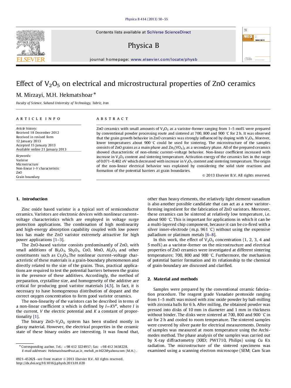 Effect of V2O5 on electrical and microstructural properties of ZnOceramics