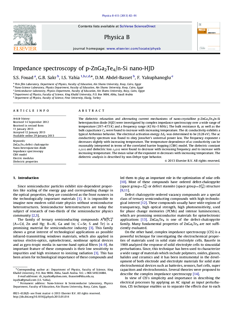 Impedance spectroscopy of p-ZnGa2Te4/n-Si nano-HJD