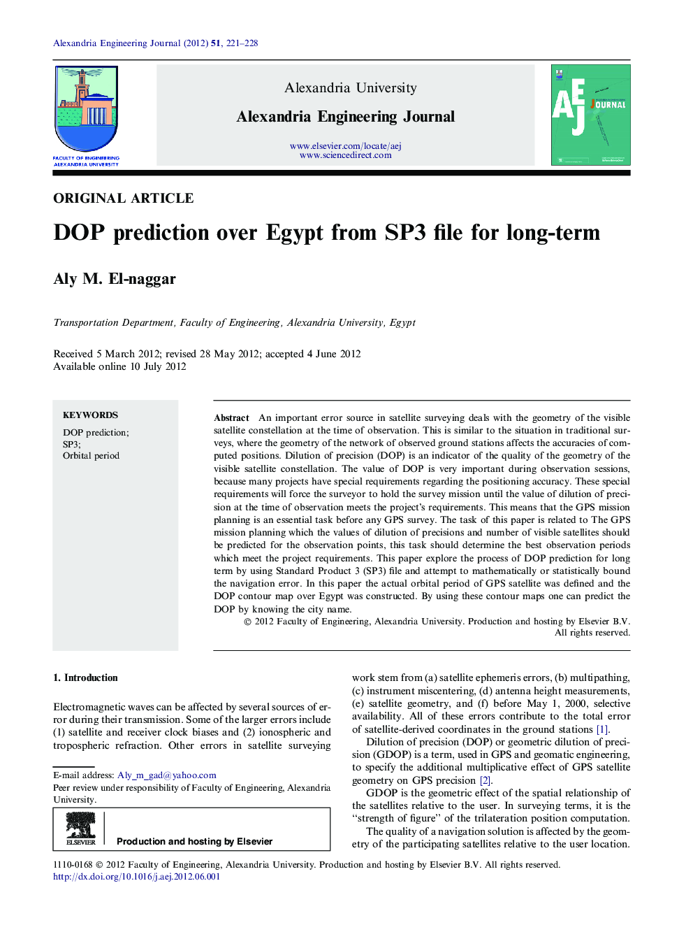 DOP prediction over Egypt from SP3 file for long-term 