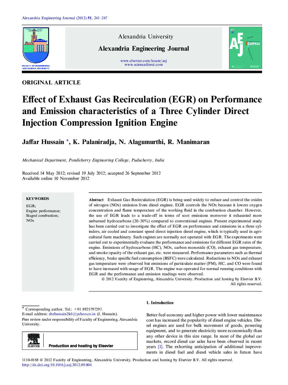 RETRACTED: Effect of Exhaust Gas Recirculation (EGR) on Performance and Emission characteristics of a Three Cylinder Direct Injection Compression Ignition Engine