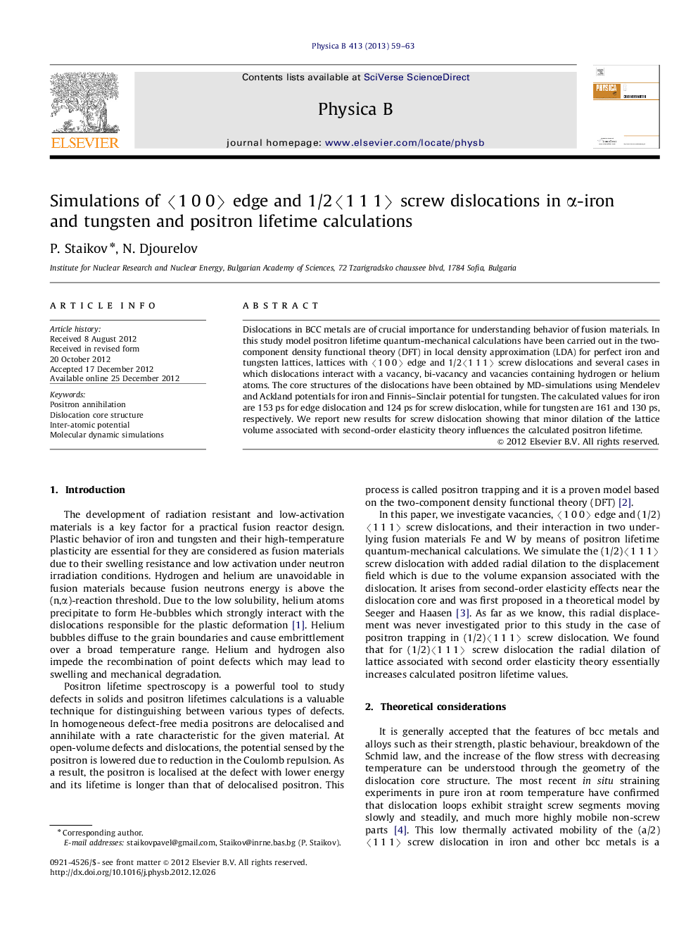 Simulations of ã1Â 0Â 0ã edge and 1/2ã1Â 1Â 1ã screw dislocations in Î±-iron and tungsten and positron lifetime calculations