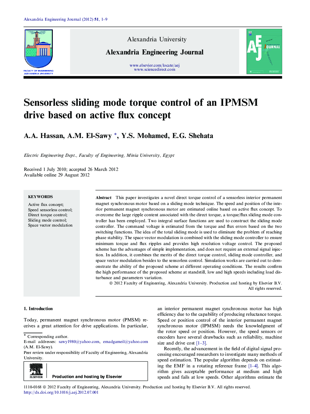 Sensorless sliding mode torque control of an IPMSM drive based on active flux concept