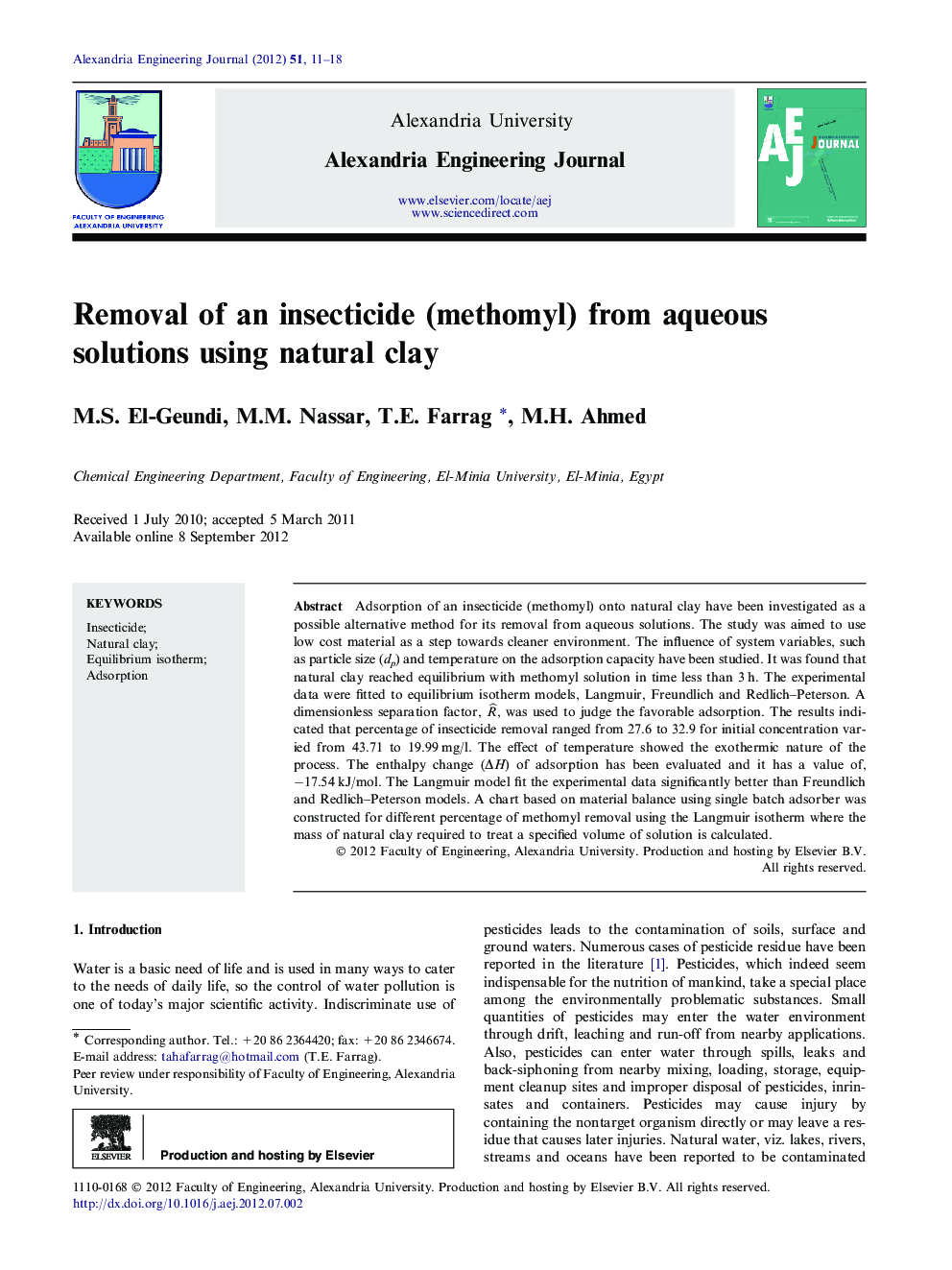 Removal of an insecticide (methomyl) from aqueous solutions using natural clay 