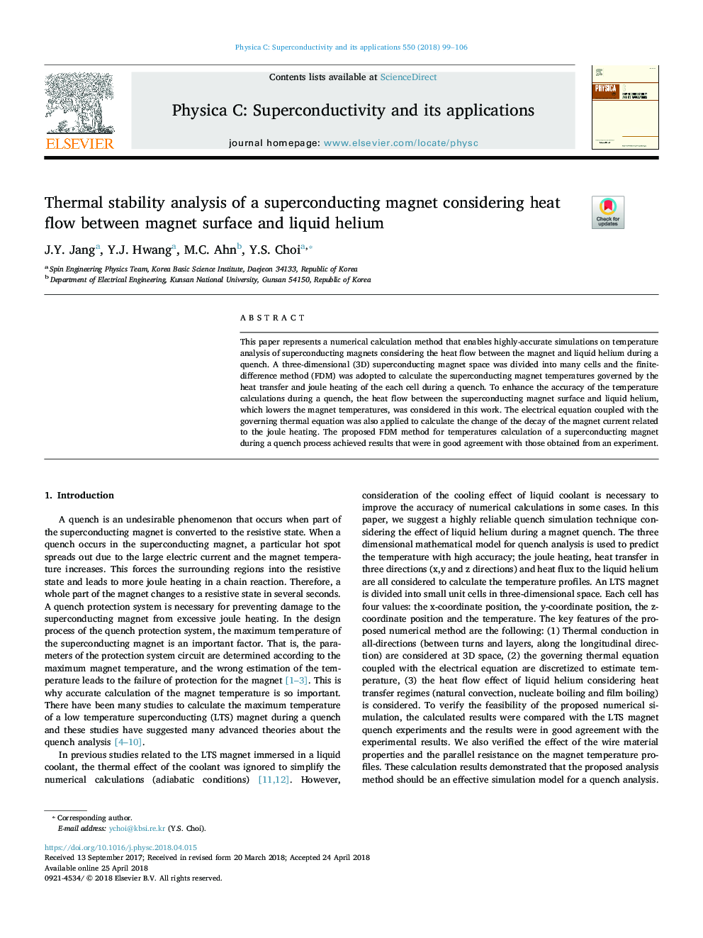 Thermal stability analysis of a superconducting magnet considering heat flow between magnet surface and liquid helium