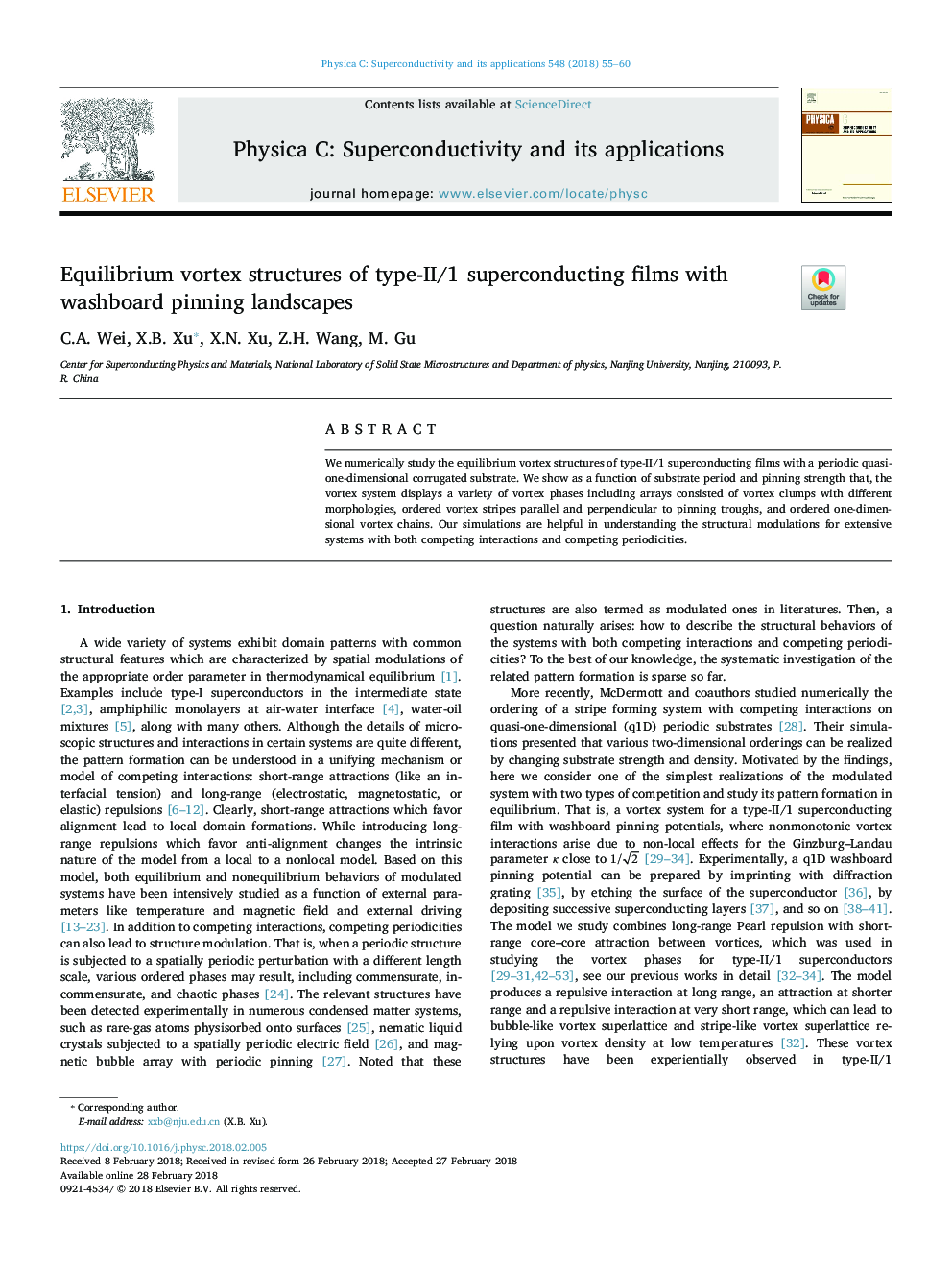 عکس صفحه اول مقاله: Equilibrium vortex structures of type-II/1 superconducting films with washboard pinning landscapes Equilibrium vortex structures of type-II/1 superconducting films with washboard pinning landscapes