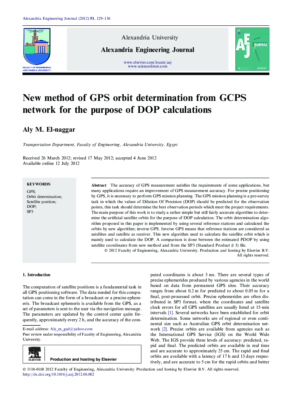 New method of GPS orbit determination from GCPS network for the purpose of DOP calculations 