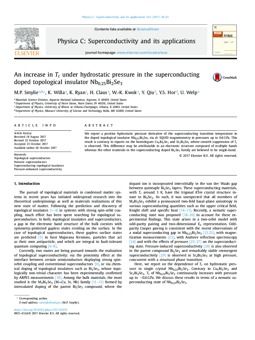 An increase in Tc under hydrostatic pressure in the superconducting doped topological insulator Nb0.25Bi2Se3