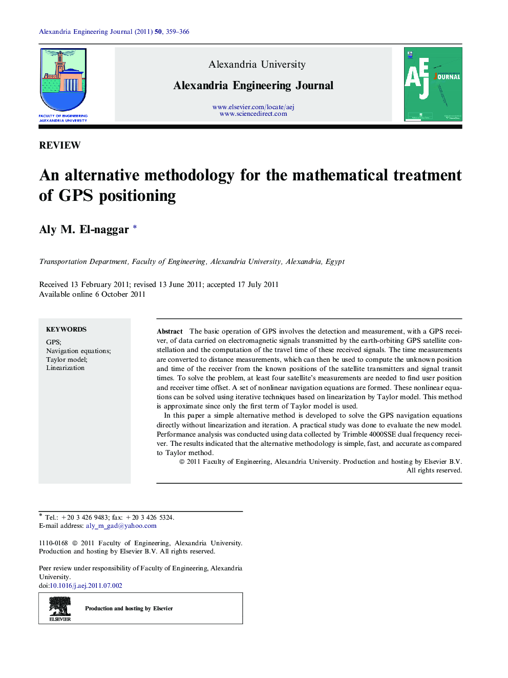 An alternative methodology for the mathematical treatment of GPS positioning