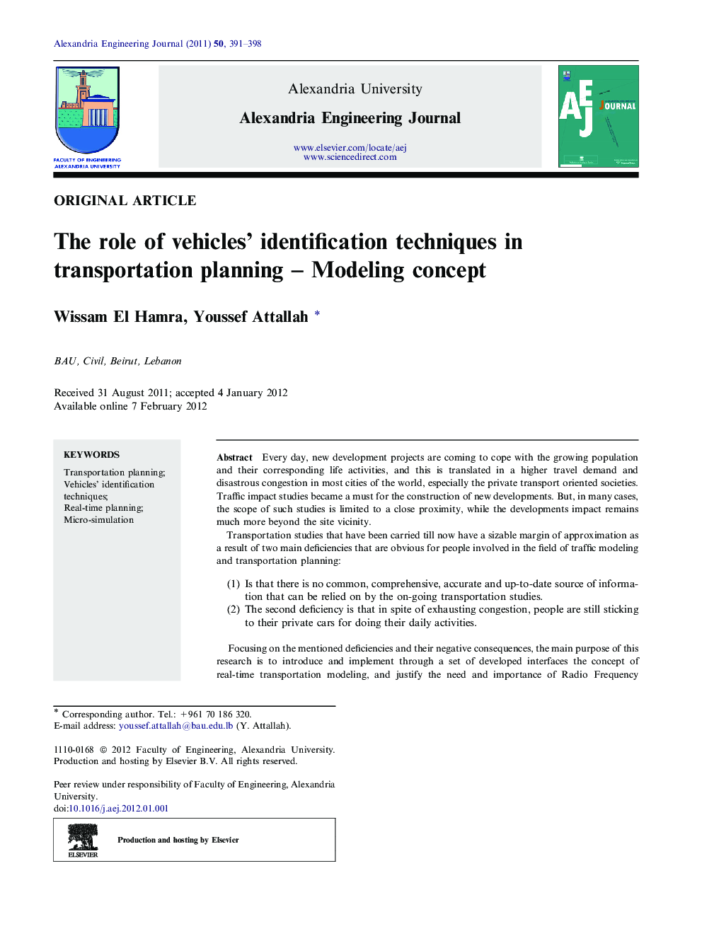 The role of vehicles' identification techniques in transportation planning - Modeling concept