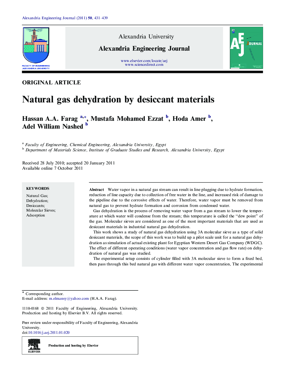 Natural gas dehydration by desiccant materials