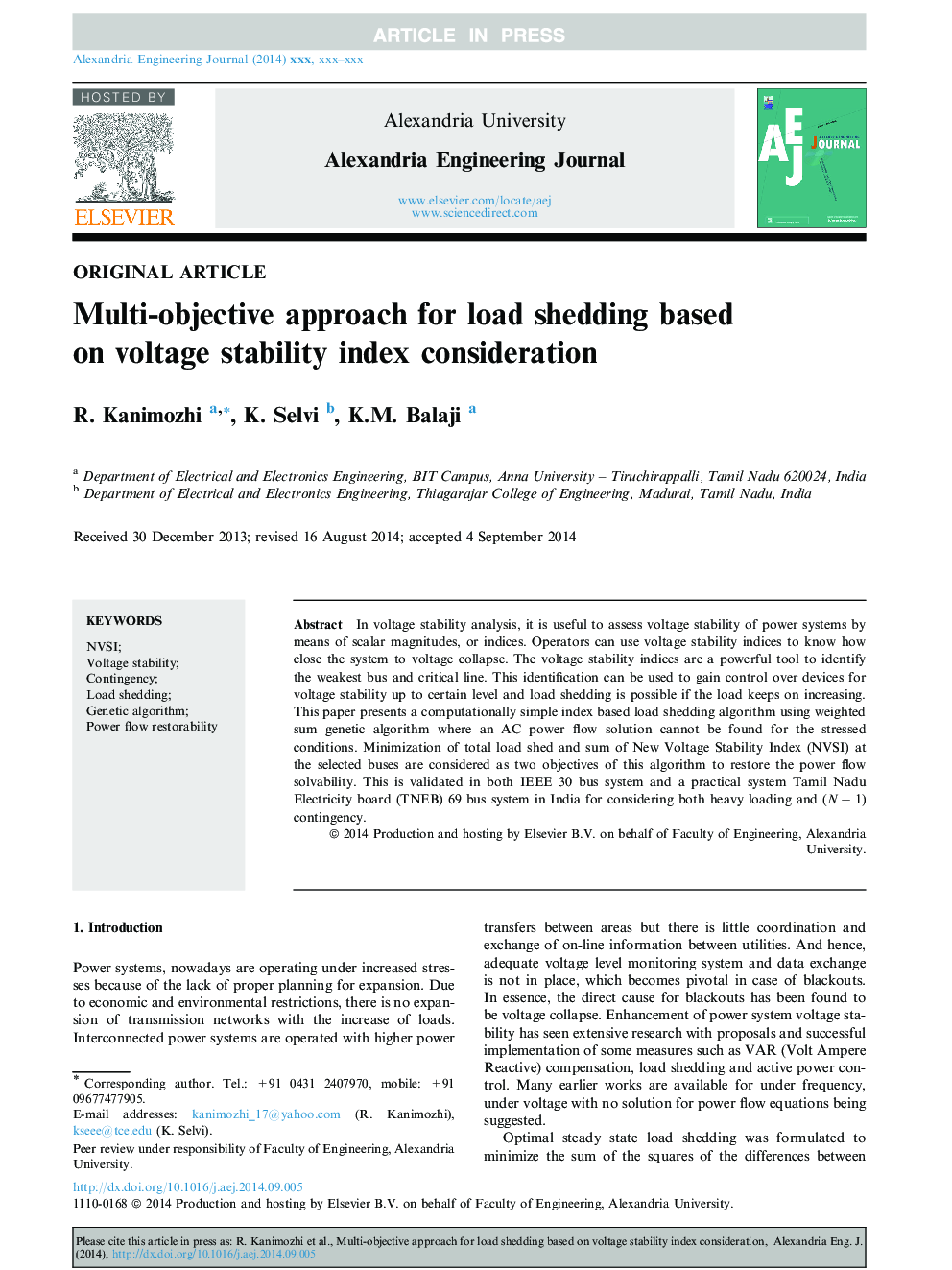 Multi-objective approach for load shedding based on voltage stability index consideration