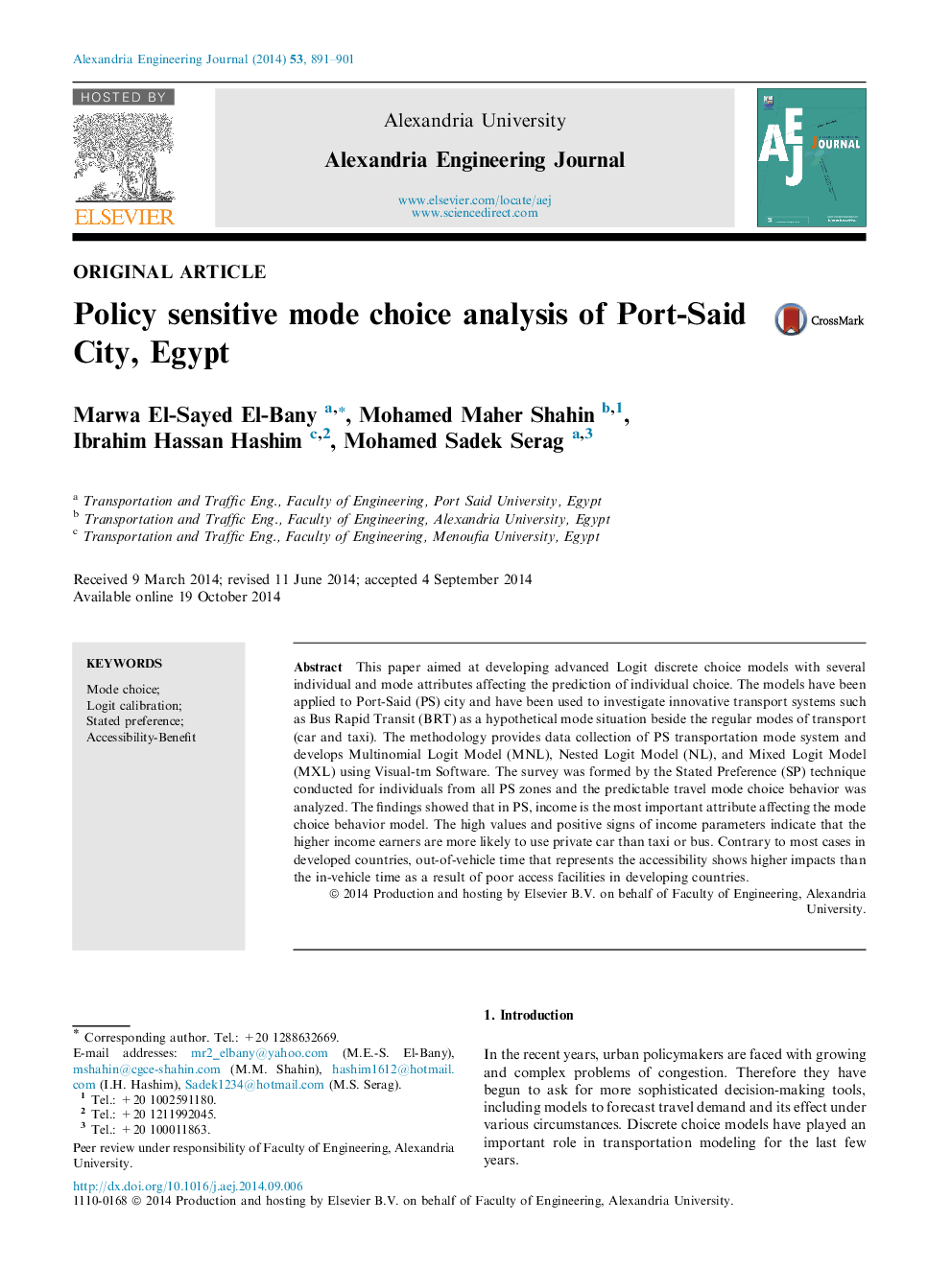 Policy sensitive mode choice analysis of Port-Said City, Egypt 