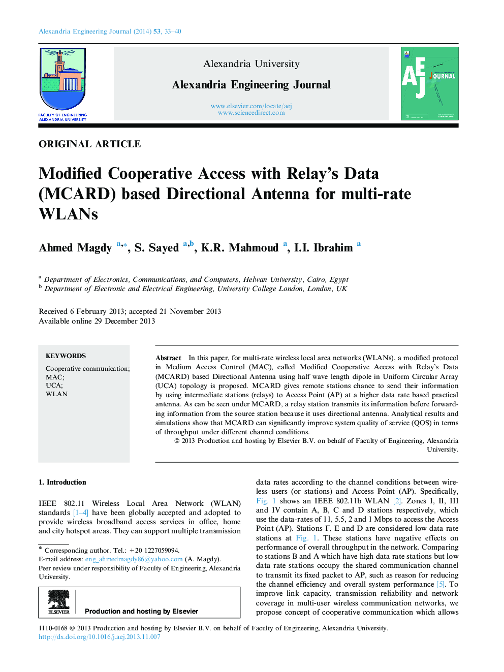 Modified Cooperative Access with Relay’s Data (MCARD) based Directional Antenna for multi-rate WLANs 