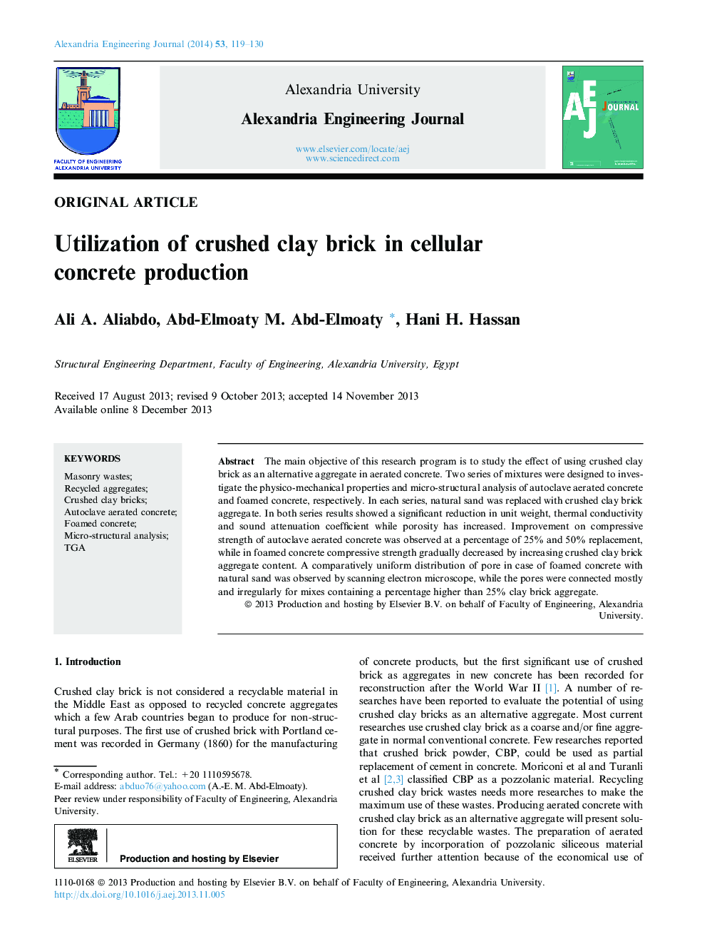 Utilization of crushed clay brick in cellular concrete production 