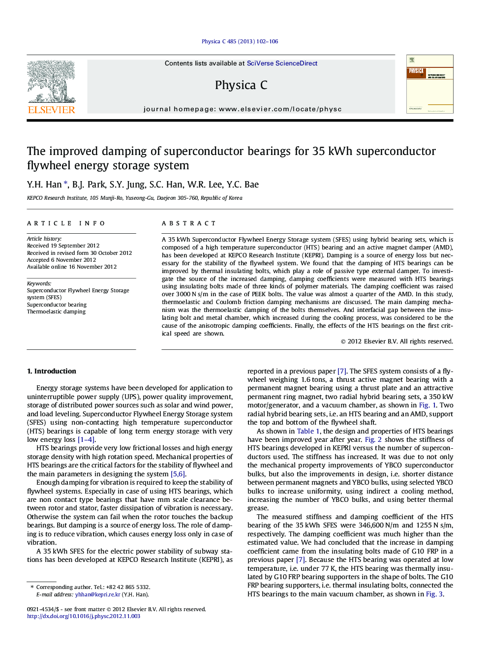 The improved damping of superconductor bearings for 35Â kWh superconductor flywheel energy storage system