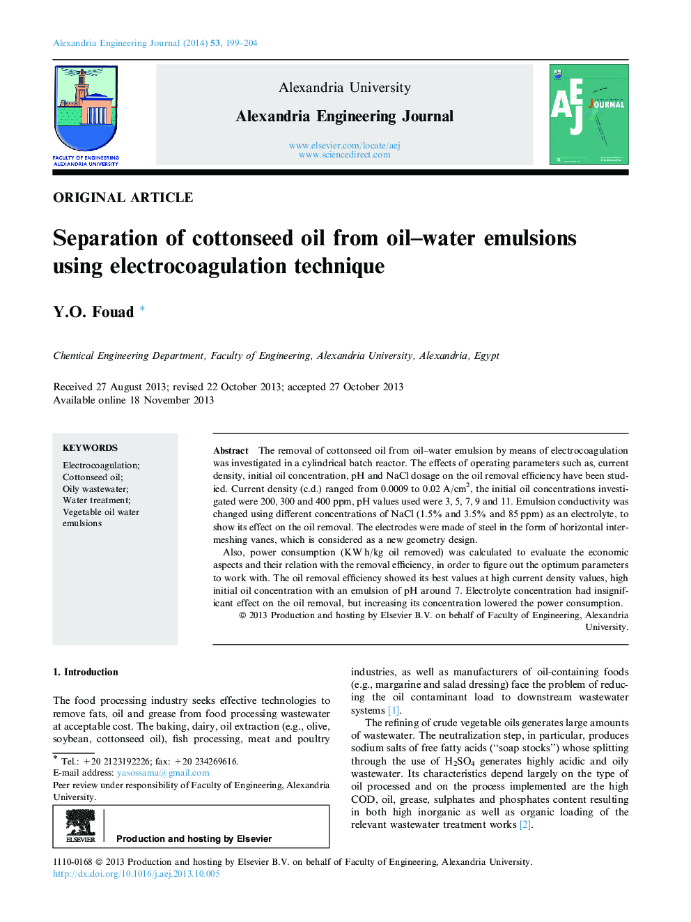 Separation of cottonseed oil from oil–water emulsions using electrocoagulation technique 