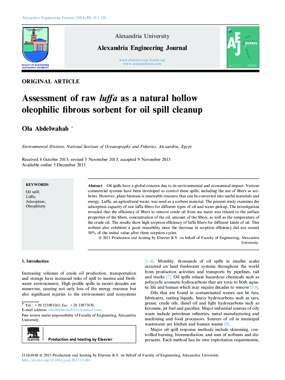 Assessment of raw luffa as a natural hollow oleophilic fibrous sorbent for oil spill cleanup
