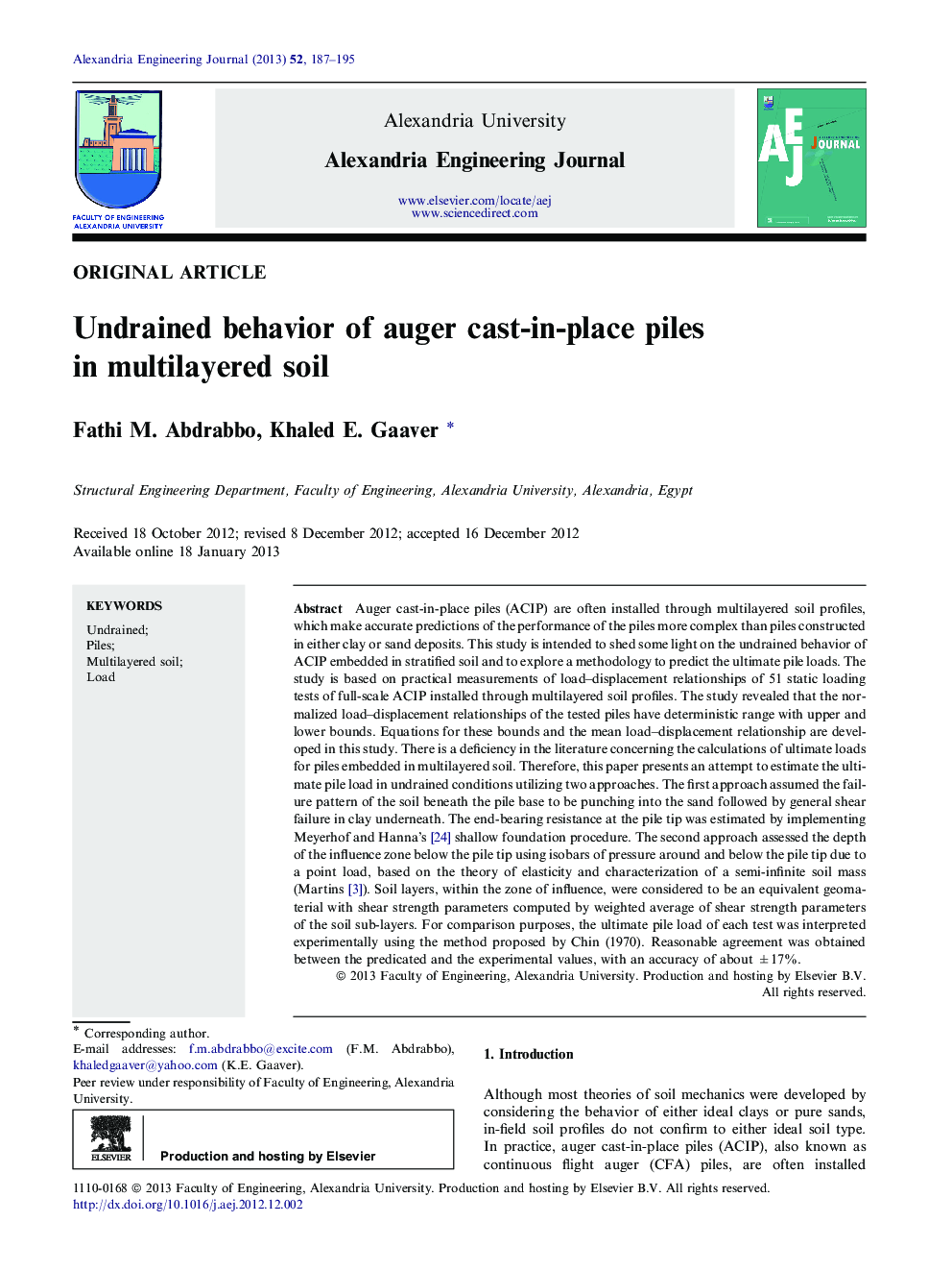 Undrained behavior of auger cast-in-place piles in multilayered soil