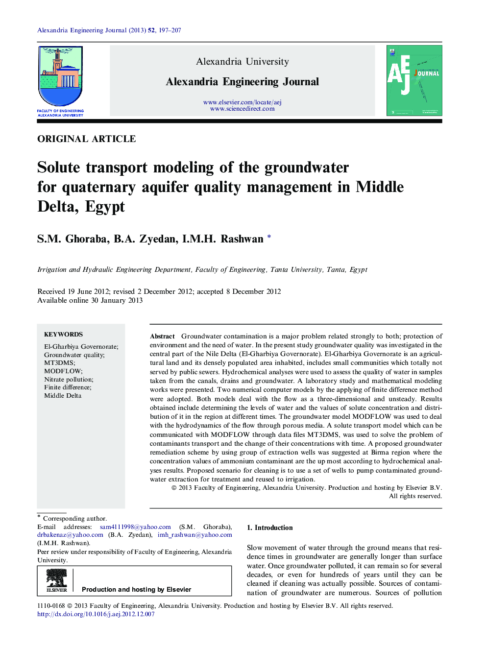 Solute transport modeling of the groundwater for quaternary aquifer quality management in Middle Delta, Egypt