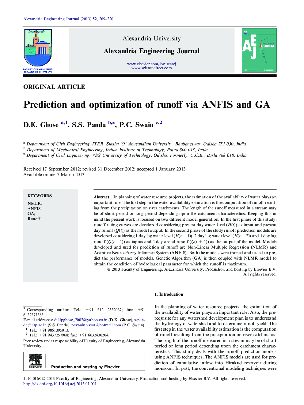 Prediction and optimization of runoff via ANFIS and GA