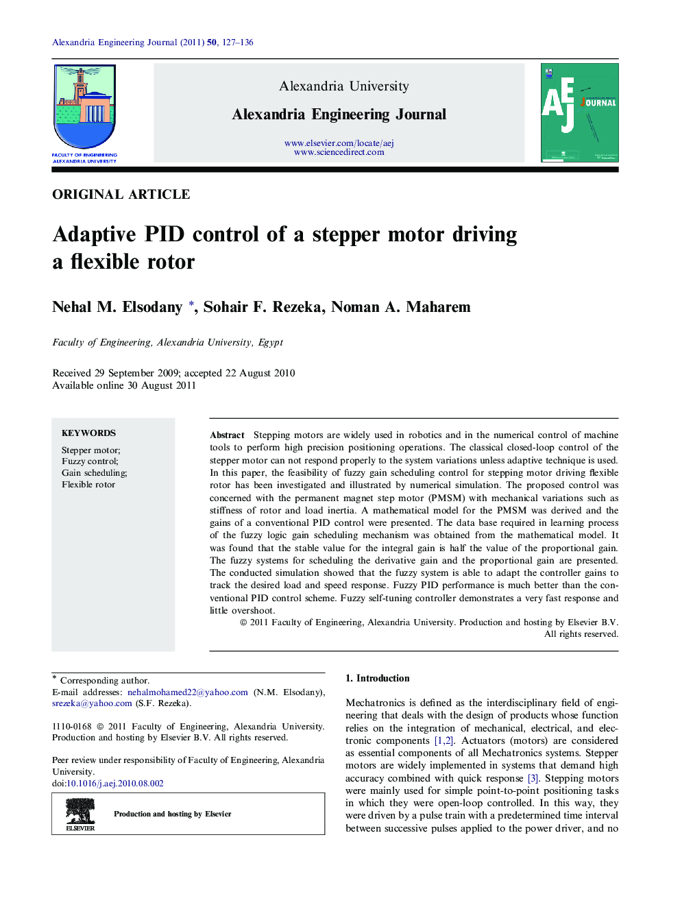 Adaptive PID control of a stepper motor driving a flexible rotor