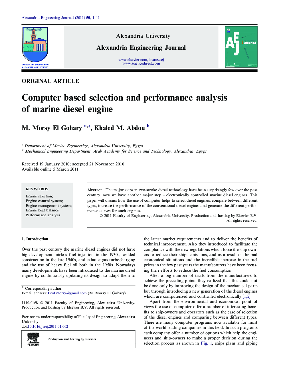 Computer based selection and performance analysis of marine diesel engine