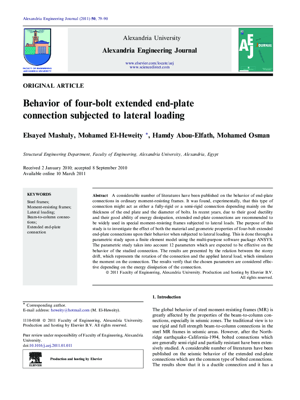 Behavior of four-bolt extended end-plate connection subjected to lateral loading